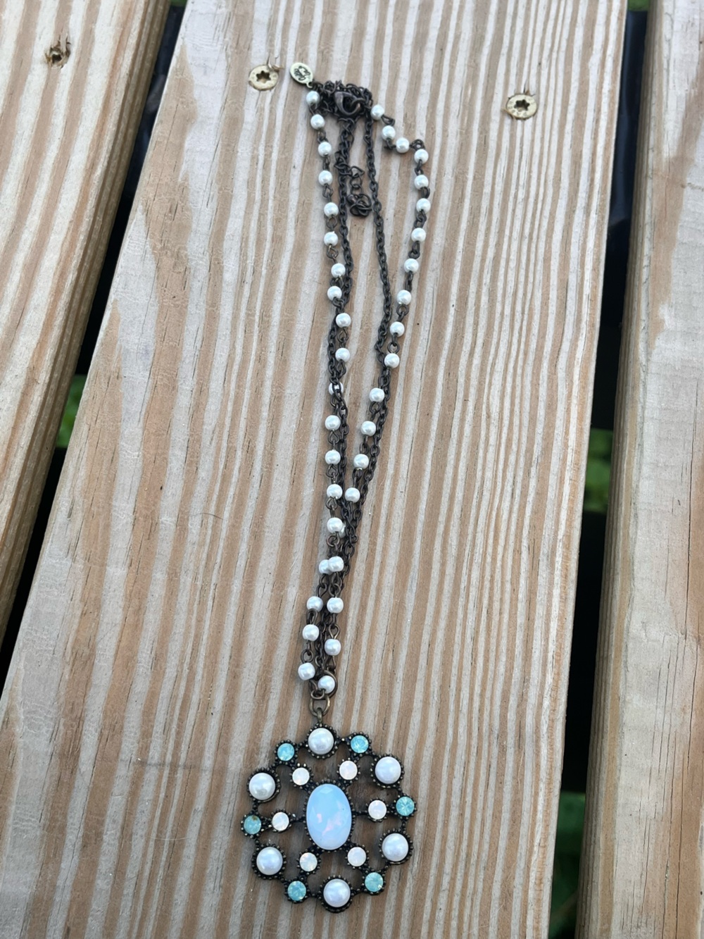 Vintage Cookie Lee Blue Opal Glass Pearl Medallion Necklace.